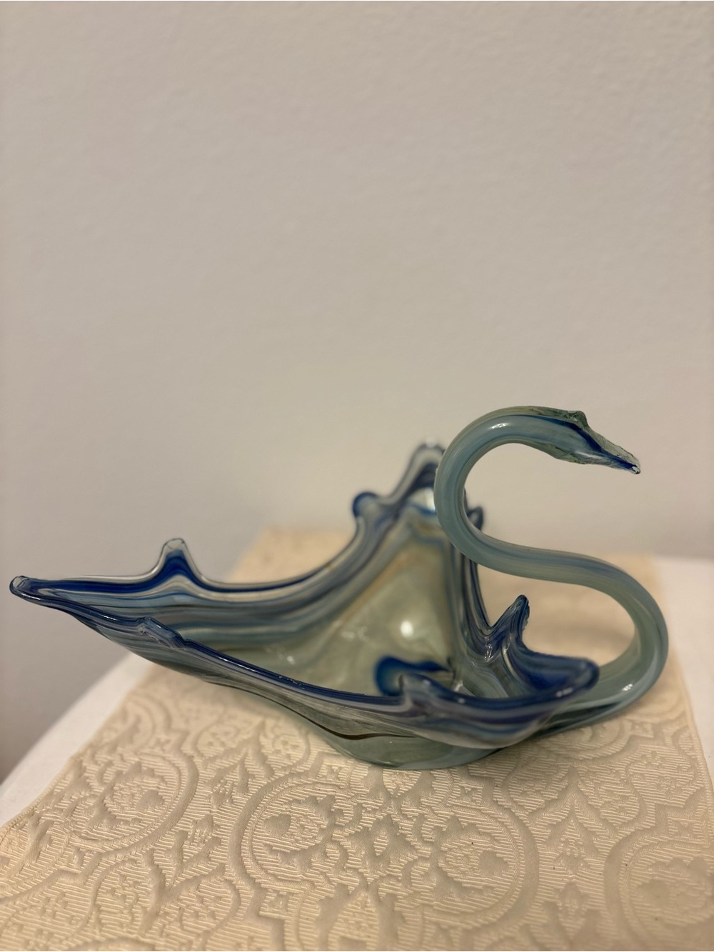 Vintage MCM hand-blown art glass swan centerpiece bowl planter Blue Green 12”